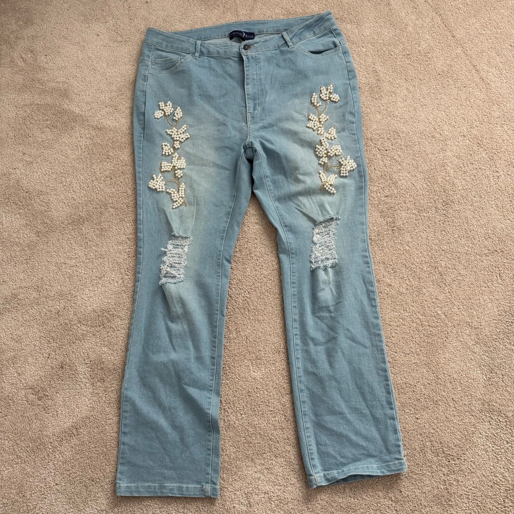 Celestial Blue Straight Leg Jeans with Pearl Floral Details